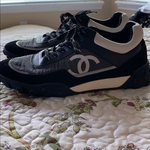 AUTHENTIC Chanel Gray, black, white tennis shoes.
